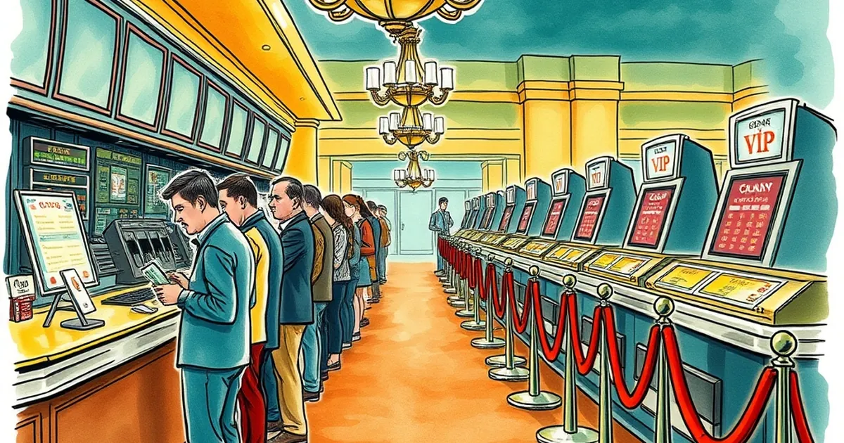 Cashier queues 6 deep at 9pm; VIP lane sits empty